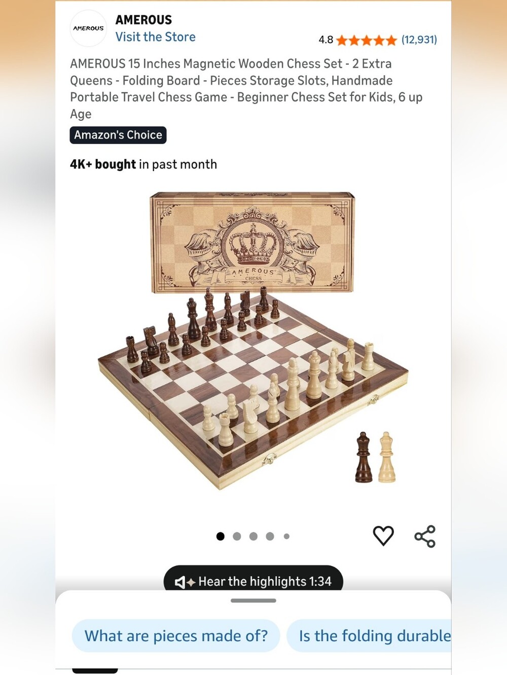 Folding Magnetic Wooden Chess Set in Brown & Cream